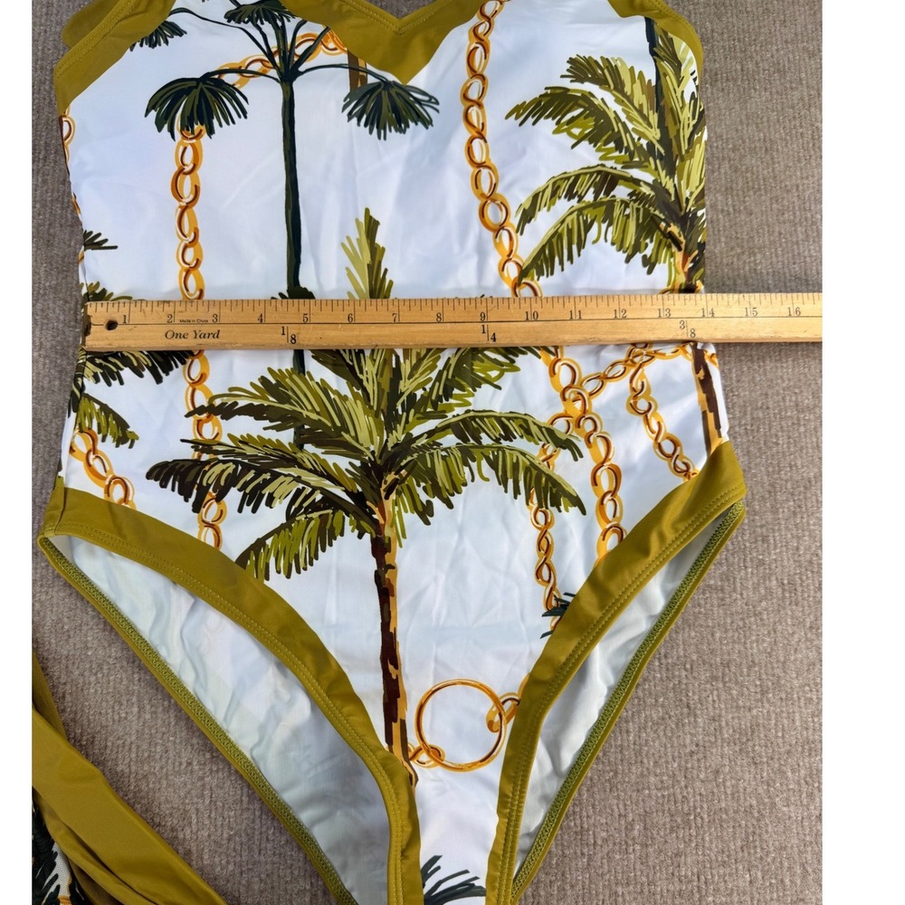 Palm Tree Chain Print One Piece Swimsuit and Sarong Set White Olive Green XL - Picture 4 of 6